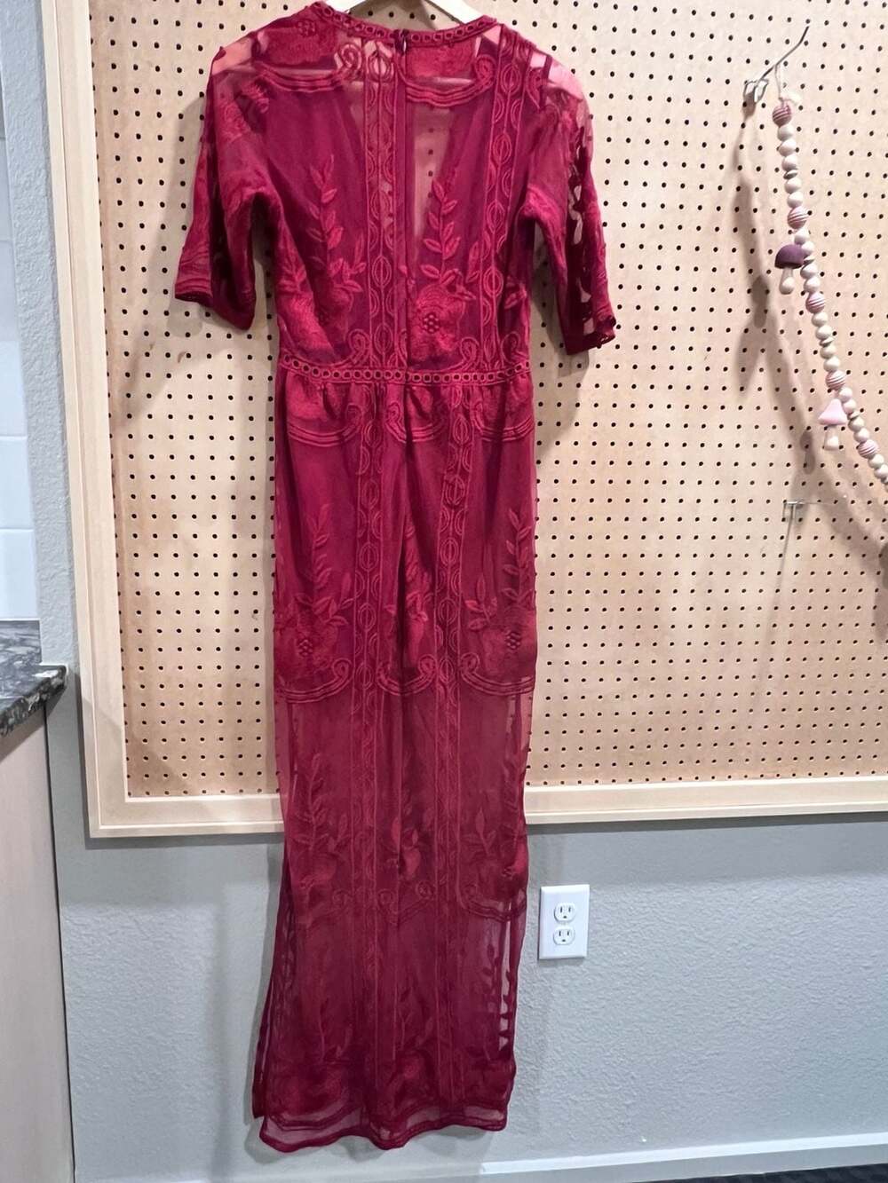 Sheer Embroidered Maxi Dress in Deep Berry